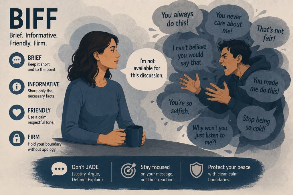 Illustration of the BIFF method: brief, informative, friendly, firm responses amid high-conflict bait.