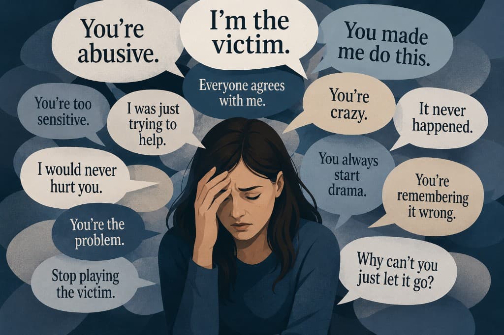 Illustration of DARVO: a person raising a concern while the other person reverses blame through denial, attack, and victim-offender reversal.