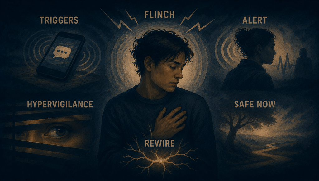 Infographic on why your body still flinches after narcissistic abuse: nervous system hypervigilance, phone alerts, and rewiring when you're safer but still braced