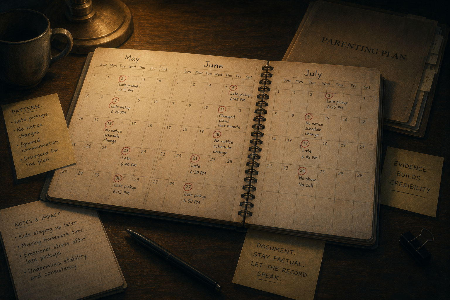 Overhead desk scene: multi-month planner with dates circled and violation notes, parenting-plan folder, sticky notes on pattern of behavior and impact on kids, and a reminder to document factually
