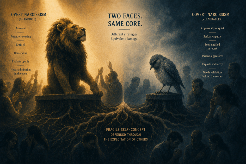 Infographic comparing overt and covert narcissism: grandiose presentation with visible arrogance versus vulnerable presentation with victimhood and passive control