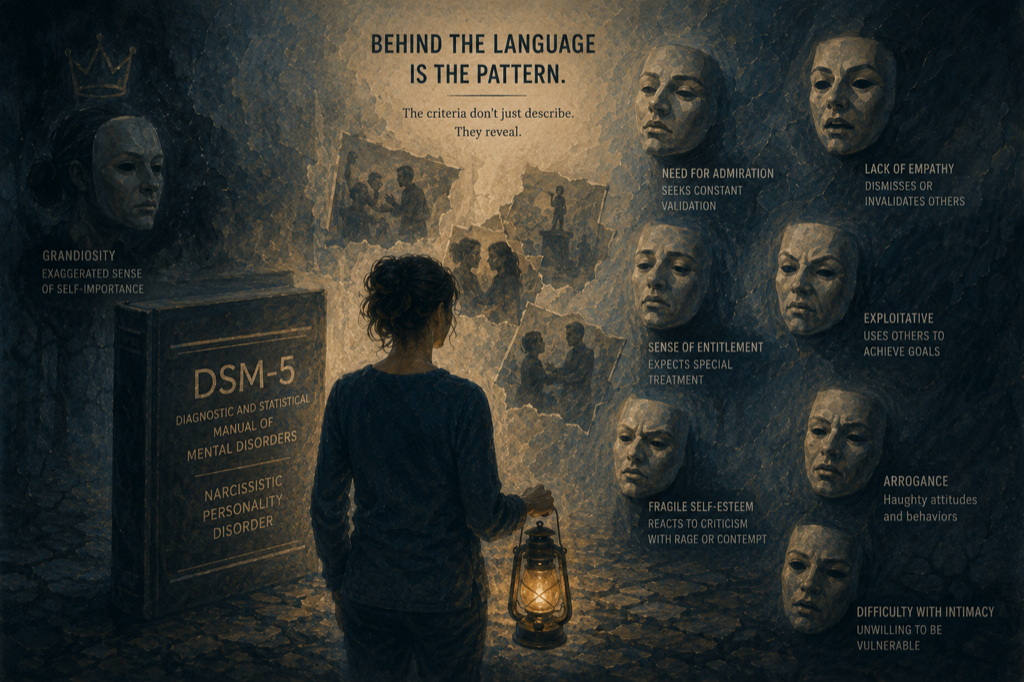 Infographic on DSM-5 narcissistic personality disorder criteria: nine clinical traits translated into plain-language behavior patterns you may recognize