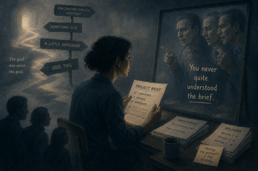 Infographic on gaslighting at work: meeting notes that don't match memory, feedback that shifts in public, and how professional context hides manipulation