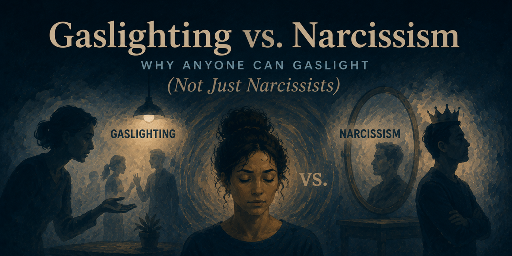 Infographic comparing gaslighting and narcissism: gaslighting as a behavior that erodes your reality versus narcissism as a broader trait or diagnosis pattern