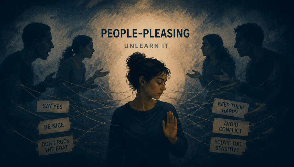 Infographic on people-pleasing after narcissistic abuse: saying yes when you mean no, monitoring others' moods, and how survival patterns masquerade as being nice