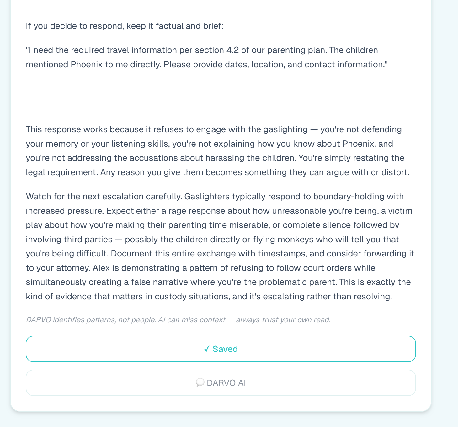 DARVO suggested response screen